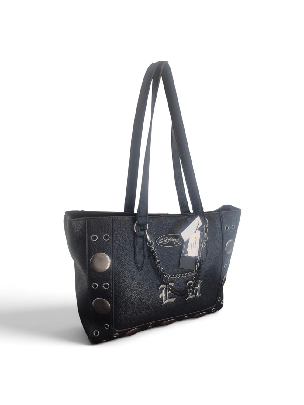 Ed Hardy Black Synthetic Leather Studded Tote Shoulder Bag NWT